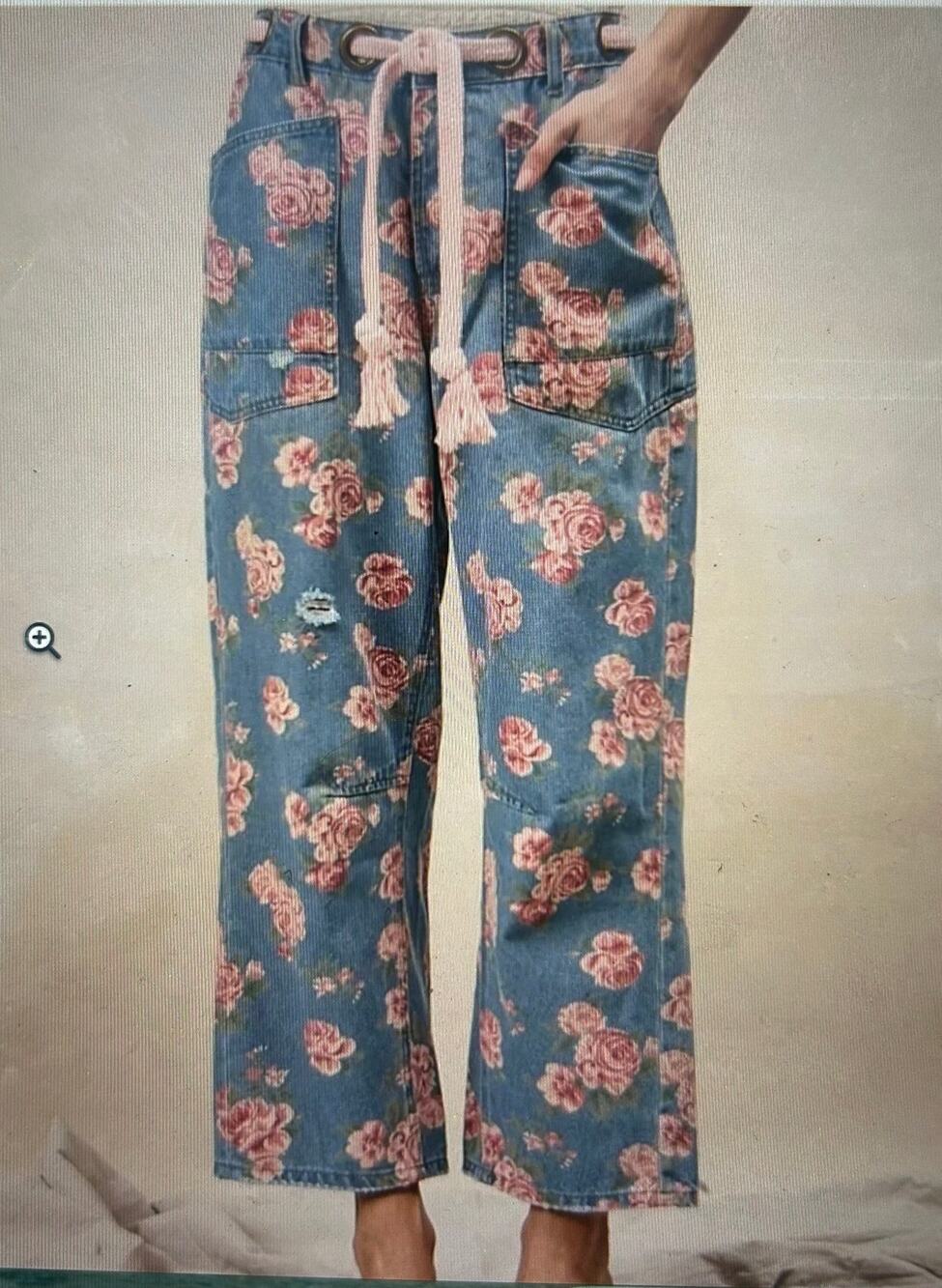 NWT BIBI FLORAL BARREL DENIM WITH PINK BRAIDED BELT SIZE XL